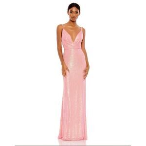 Mac Duggal 26945 Coral Pink Sequin Gown Size 4 NWT IEENA Plunge Maxi Dress